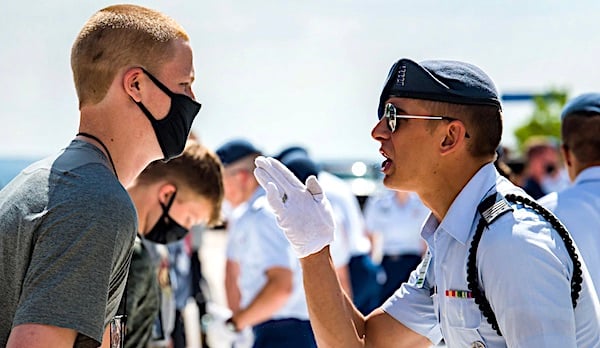Basic cadets from the class of 2025 arrive for in-processing at the U.S. Air Force Academy in Colorado Springs, Colorado, June 24, 2021. In-​Processing Day, or I-Day, marks the start of a cadet's journey to becoming a commissioned officer in the U.S. Air Force or Space Force. (U.S. Air Force photo by Trevor Cokley)