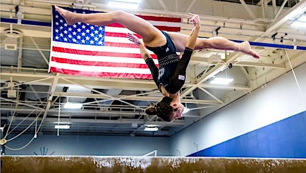 U.S. Air Force Academy's Cam Barber performs on the balance beam during a Mountain Pacific Sports Federation Dual against San Jose State at the Academy's West Gym in Colorado Springs, Colo., March 5, 2021. (U.S. Air Force photo by Trevor Cokley)