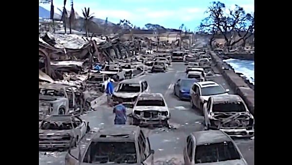 Scorched cars in Lahaina, Hawaii, in the aftermath of devastating wildfires in August 2023. (Video