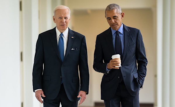 Joe Biden and Barack Obama walk along the West Colonnade of the White House Tuesday, April 5, 2022, after attending an Affordable Care Act event. (Official White House photo by Adam Schultz)