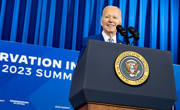 Joe Biden delivers remarks at the White House Conservation in Action Summit, Tuesday, March 21, 2023, at the Department of the Interior in Washington, D.C. (Official White House photo by Adam Schultz)