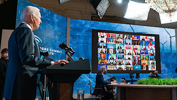 President Joe Biden delivers remarks virtually during the Leaders Summit on Climate Session 1: 'Raising Our Climate Ambition' Thursday, April 22, 2021, in the East Room of the White House. (Official White House photo by Adam Schultz)