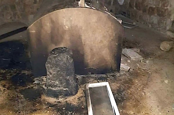 Palestinian rioters smashed and burned Joseph's Tomb in Nablus, Israel on Saturday, April 9, 2022. (Photo courtesy Samaria Regional Council)