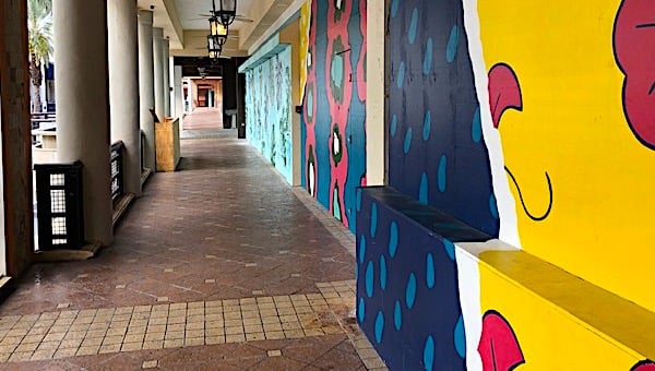 Once-thriving businesses at CityPlace in West Palm Beach, Florida, are boarded up and deserted amid the coronavirus pandemic on Jan. 30, 2021. (Photo by Joe Kovacs)