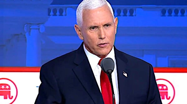 Former Vice President Mike Pence at the Republican presidential primary debate in Milwaukee, Wisconsin, on Wednesday, Aug. 23, 2023. (Video screenshot)