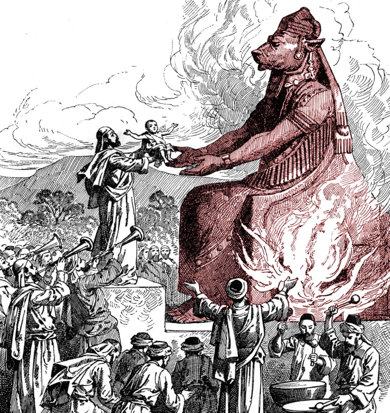 A child being offered as a burning sacrifice to the pagan god Molech