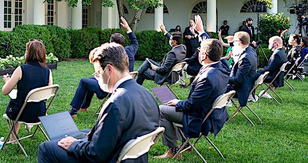 President Donald J. Trump answers reporters' questions at a press conference Tuesday, July 14, 2020, in the Rose Garden of the White House. (Official White House photo by Tia Dufour)