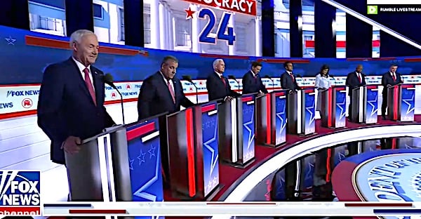 Candidates on stage at the Republican presidential primary debate in Milwaukee, Wisconsin, on Wednesday, Aug. 23, 2023. (Video screenshot)
