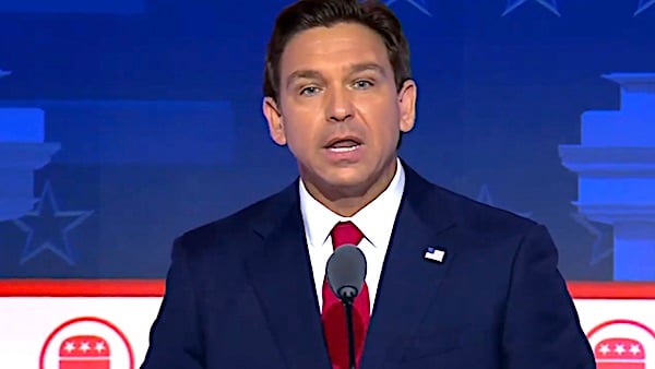Gov. Ron DeSantis, R-Fla., at the Republican presidential primary debate in Milwaukee, Wisconsin, on Wednesday, Aug. 23, 2023. (Video screenshot)