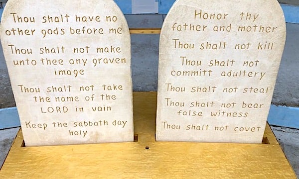 The Ten Commandments stand at the 21st annual Bible Reading Marathon in Stuart, Florida, on Friday, Nov. 12, 2021. (Photo by Joe Kovacs)
