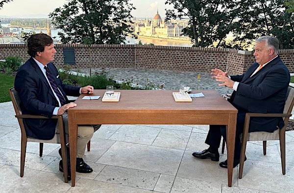 Tucker Carlson speaks with Hungarian Prime Minister Viktor Orban in Budapest, Hungary, in August 2023. (Courtesy Tucker Carlson)