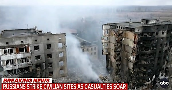 Buildings suffer severe damage during the Russian invasion of Ukraine. (Video screenshot)